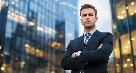 A businessman standing in front of a glass building with a cityscape background