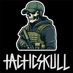Illustrator Vector Sticker of Skull man with tactical Style grab a Weapon 