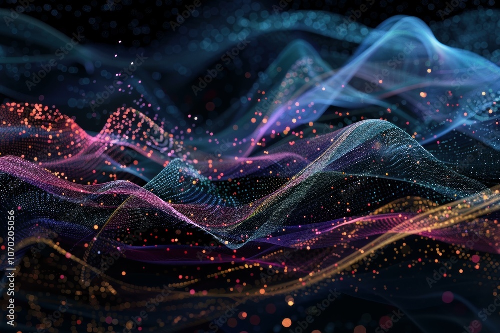 Aufkleber abstract colorful particles flowing forming wavy lines structure on black background