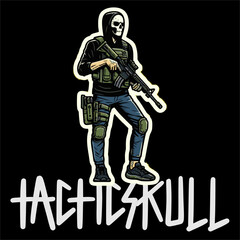 Illustrator Vector Sticker of Skull man with tactical Style grab a Weapon 