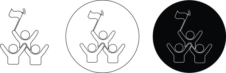 Team success victory flag icons set in line styles. Teamwork, goal achievement and flag as symbols of success and heights. People raise a flag together vectors isolated on transparent background.
