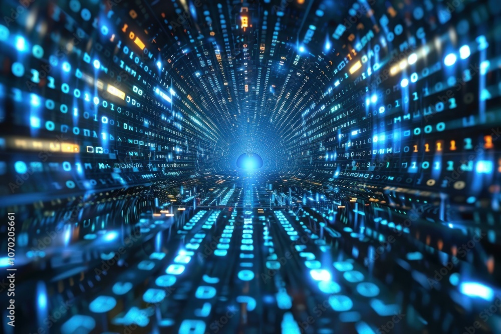 Poster futuristic digital tunnel with binary code streaming along the walls, symbolizing data transfer and 