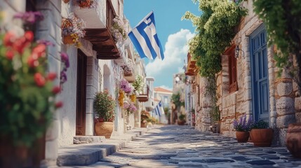 The Greek flag displayed in a quaint village, with charming architecture in the background