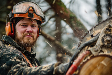 Generative AI image of a handsome virile bearded woodcutter at work in a traditional woodworking workshop