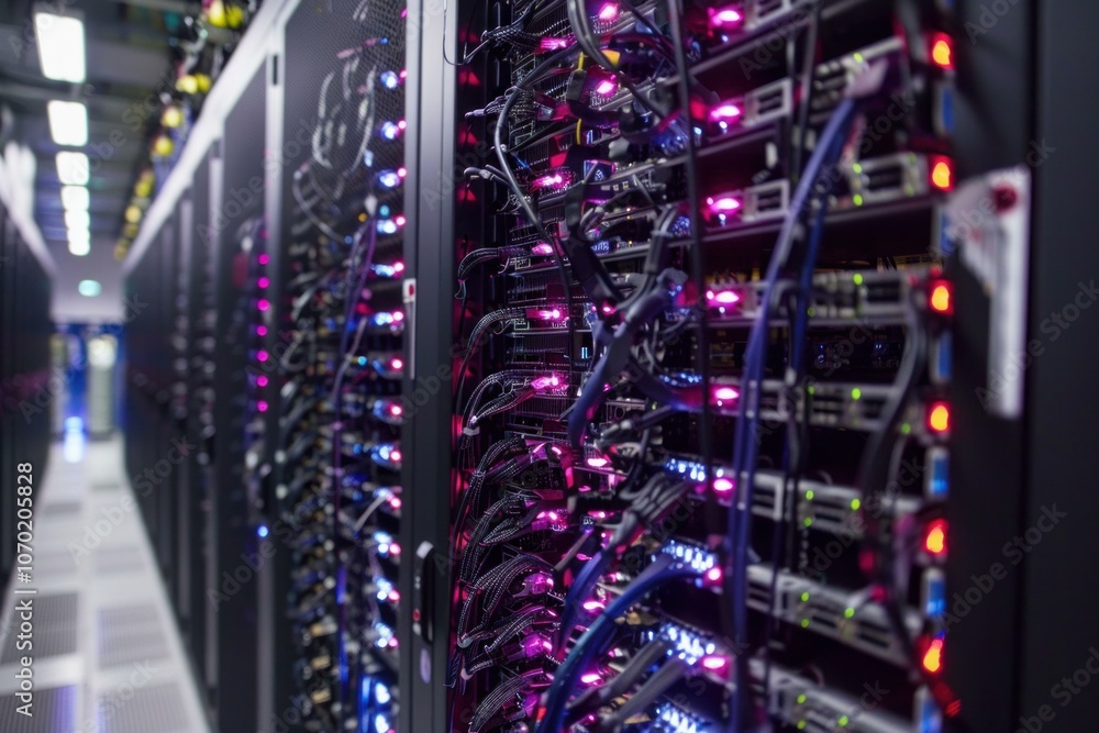 Poster network server cables blinking and glowing in a data center