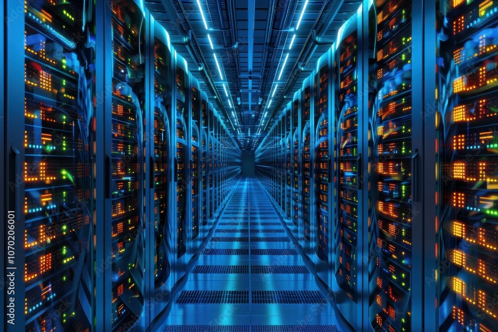 Poster server room with rows of servers and bright lights, suggesting high activity and data processing