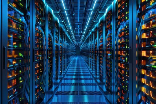 Server room with rows of servers and bright lights, suggesting high activity and data processing
