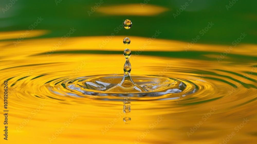 Poster a single water drop falls into a still body of water, creating a ripple effect with a yellow reflect