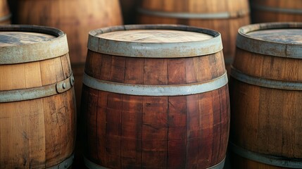 Fototapeta premium Wooden barrels stacked together at a rustic location, showcasing natural textures and craftsmanship during daylight hours