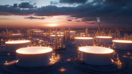 Wide view of refinery complex with towering stacks and storage tanks under a clear blue sky