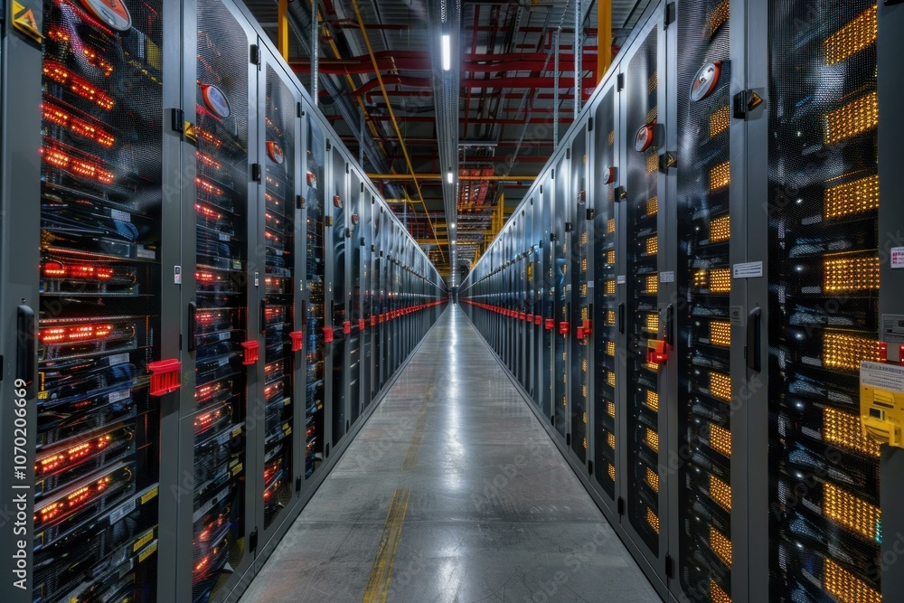 Poster server room data center corridor showing modern technology with flashing lights