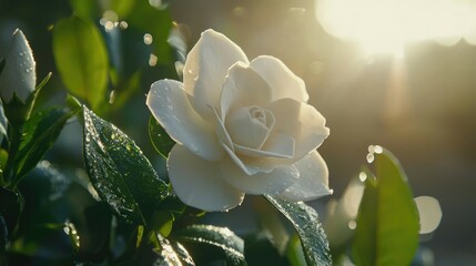 A single white gardenia flower with dew drops blooms in the morning sunlight.