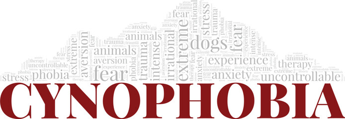 Cynophobia: Fear of Dogs word cloud conceptual design isolated on white background.