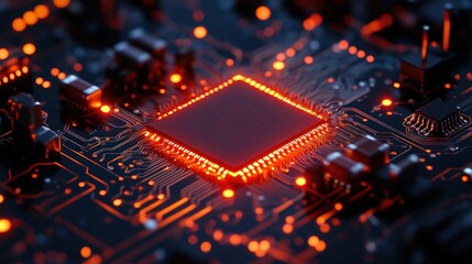 Close-Up of Glowing Red Microchip on Circuit Board Representing Advanced Technology, Data Processing, and the Power of Modern Computing in High-Tech Hardware Systems
