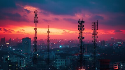 A vibrant image of a city skyline with visible telecommunications towers, showcasing the critical role of infrastructure in keeping urban populations connected through voice, data, and internet servic