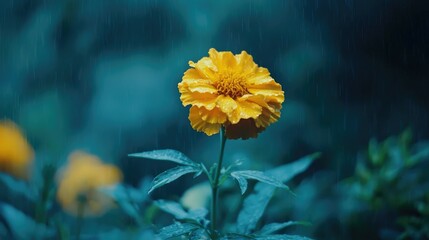 A single yellow flower blooms in the rain, with a soft green background.