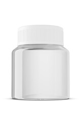 Clear transparent jar for medical pills. Glass container mockup for medical capsules. Glass transparent jar mockup for food supplements. Empty bottle for food supplements. 3d render.