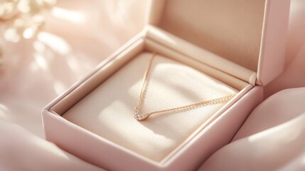 A beautiful necklace rests inside a pastel jewelry box, showcasing its delicate craftsmanship on a tranquil surface bathed in soft light.