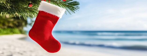 A vibrant Christmas stocking hangs on a palm tree branch above a sun-drenched tropical beach, inviting festive cheer and adventure