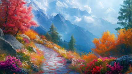 Beautiful flower-filled path winding through mountain landscape foliage, perfect for exploration