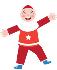 Happy Muslim Girl Child in Red Outfit Smiling Welcoming