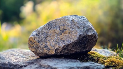 A single, grey,  smooth rock rests on top of another larger rock covered in moss.