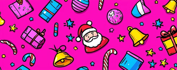 Cheerful holiday pattern with presents, bells, and Santa on a bright pink background for a fun twist.