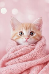 Kitten with scarf wrapped around neck, isolated on soft backdrop