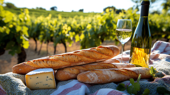 Freshly baked baguette with cheese and wine, set on a picnic blanket in the French countryside with vineyard views