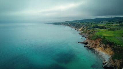 Fototapeta premium Scenic coastal views from above showcasing the beauty of the sea and overcast skies