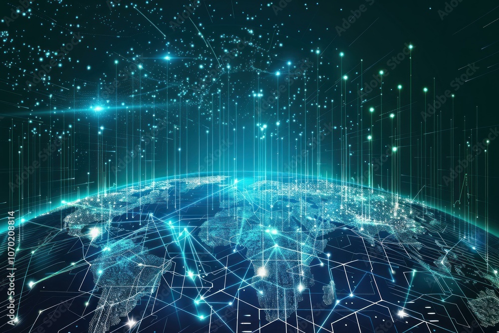 Poster planet earth receiving digital data from space with light trails surrounding the globe, symbolizing 