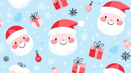 Festive Christmas pattern featuring Santa faces, presents, and snowflakes on a pastel blue background.