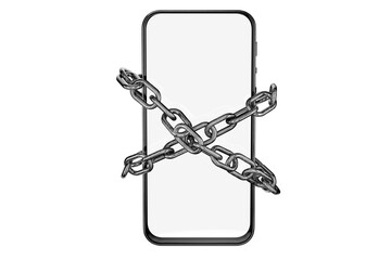 Mockup of smartphone with iron chains for your website, application. Mockup of smartphone with white screen and iron chain. Mockup of phone. 3d render.