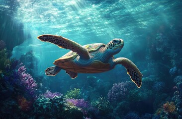 Obraz premium A sea turtle swimming gracefully in the crystal-clear waters of an underwater coral reef, surrounded by vibrant colors and lush corals.