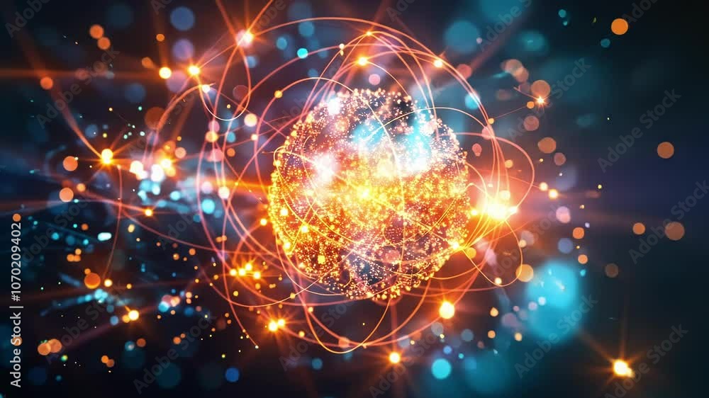 Poster a glowing orb surrounded by a tangled web of particles representing the strong nuclear force holding
