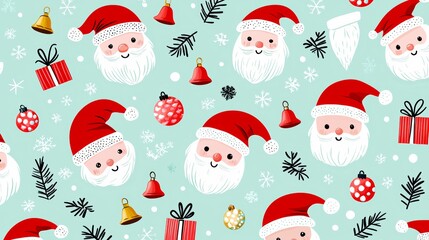 Holiday-themed pattern with Santa faces, bells, and presents on a soft mint green background.