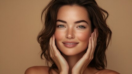 Obraz premium A woman with brown hair and green eyes is smiling