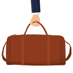 Businessman hand hold brown leather duffel bag travel case