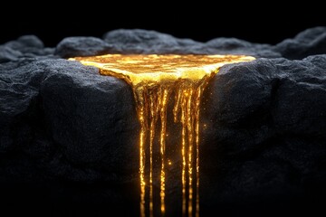 Glowing Gold Liquid Flowing Over Dark Rocks in a Dramatic Setting