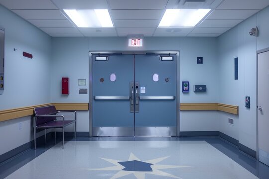 Steel double doors with exit sign above, in an empty hospital hallway with fluorescent lighting