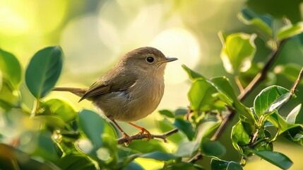 A small, brown bird perches on a branch in a leafy tree, with a soft, green background.