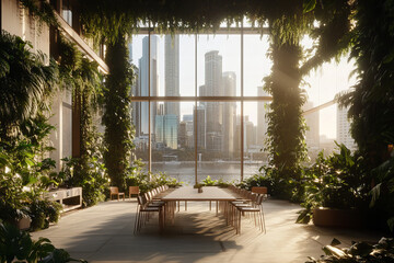 Sophisticated Conference Room with Expansive City Views, Ideal for Business Meetings, Presentations, and Collaborative Workspaces in a Modern, Luxurious Setting