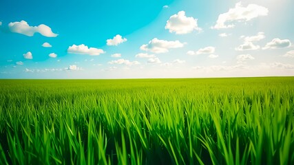 Obraz premium A grassy field extending to a horizon of blue sky and puffy clouds, inviting a sense of tranquility and boundless possibilities.