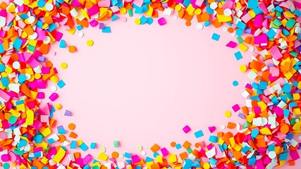 A festive frame of colorful confetti on a soft pink background, ideal for adding a touch of celebration to any design.