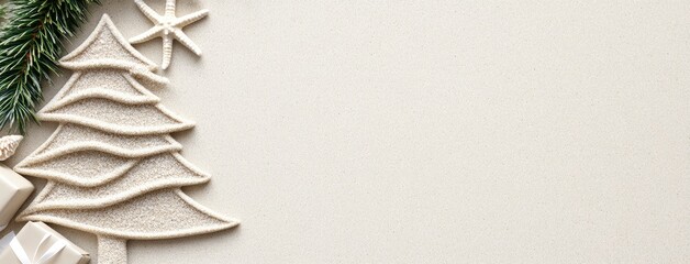 A creative Christmas tree crafted in soft sand on a serene beach, surrounded by gentle waves and starfish under a warm sun