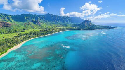Fototapeta premium Scenic aerial view of Hawaii's West coast featuring the beautiful Papaoneone beach