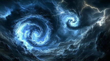 Stormy sky, swirling dark clouds, lightning piercing dramatic scene. AI generated