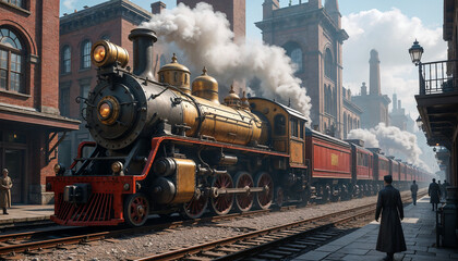 Vintage Steam Train in Historic Industrial Town.  A classic steam locomotive travels through a historic industrial town, emphasizing the nostalgic charm of vintage transportation. Generated AI