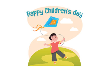 A joyful child holding a colorful kite, celebrating Children's Day. The background features a vibrant landscape with clouds. Vector illustration