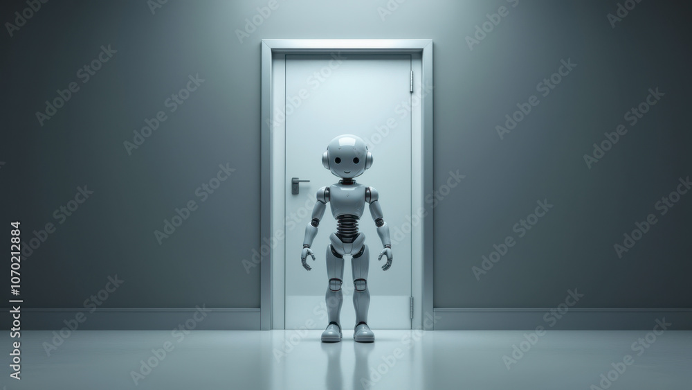 Poster a modern robot standing in front of a closed door with its hand on the handle, symbolizing integrati